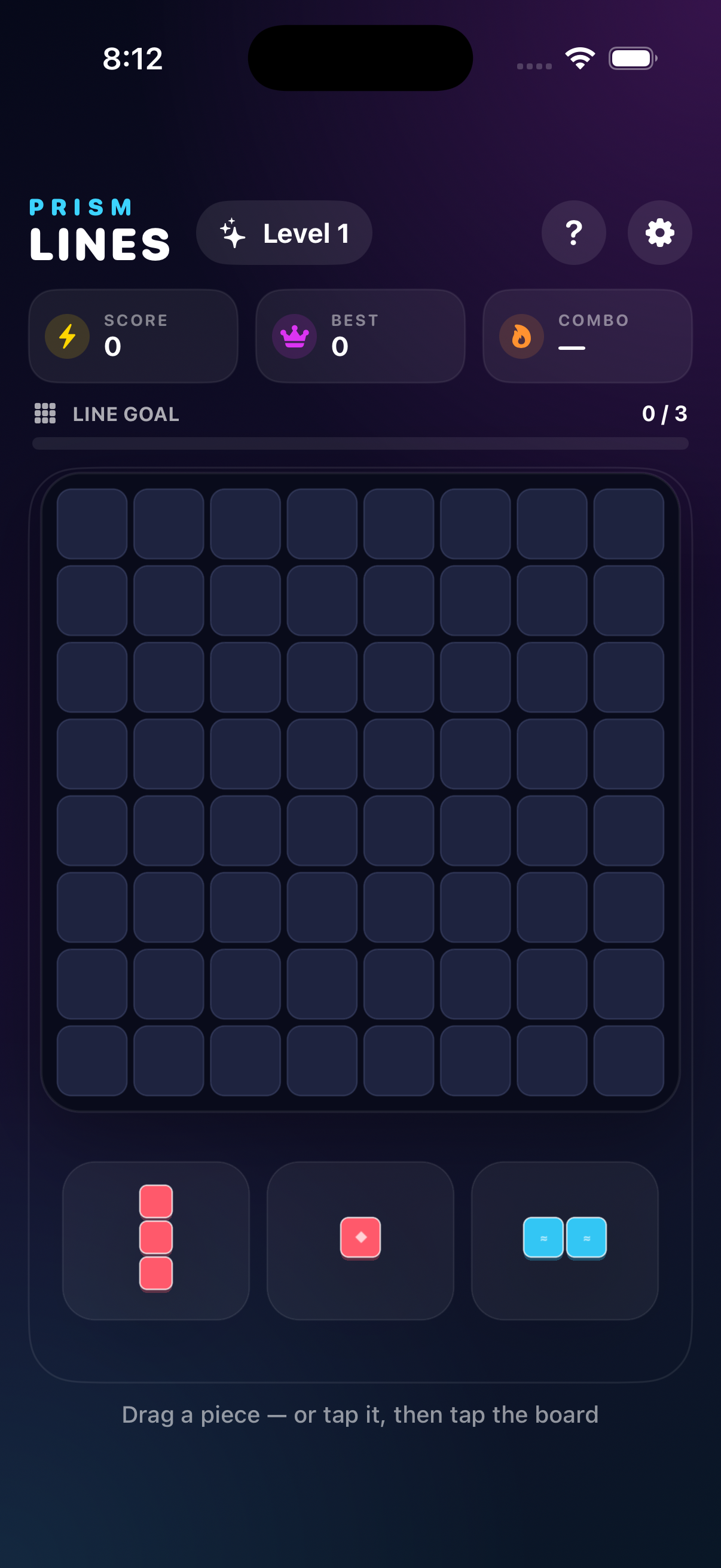 Prism Lines puzzle board with colorful blocks